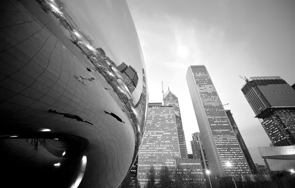 Картинка Chicago, wallpapers, Building, Black and White, Millennium Park