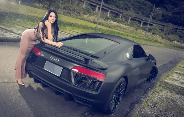 Картинка авто, взгляд, Девушки, азиатка, Audi R8, красивая девушка, Jasmine, позирует над машиной
