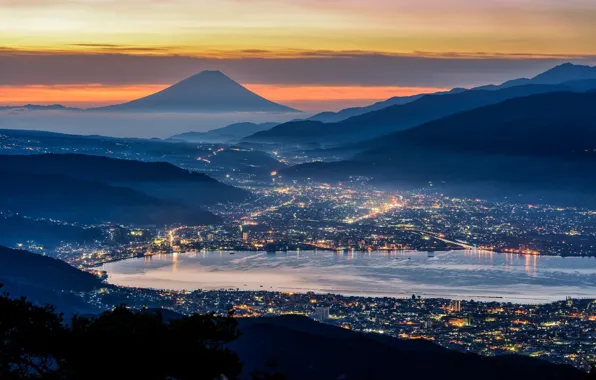 Картинка city, lights, Japan, twilight, Mount Fuji, sky, sea, landscape