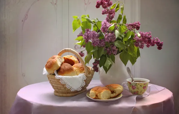 Цветы, стол, чай, ложка, чашка, ваза, натюрморт, корзинка