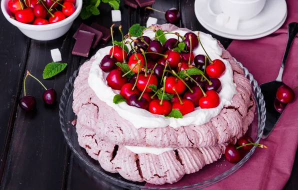 Вишня, сливки, торт, крем, десерт, безе
