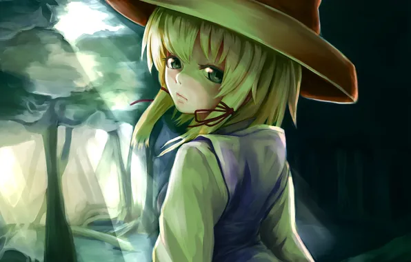 Картинка лес, девушка, деревья, природа, шляпа, арт, touhou, moriya suwako