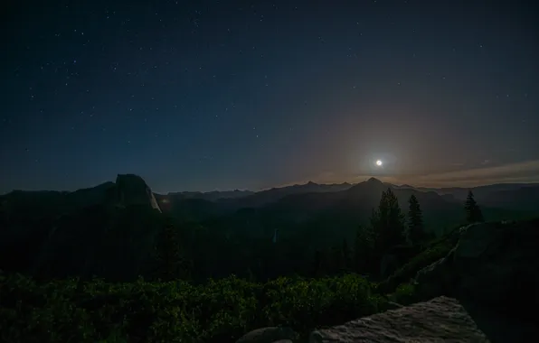 Картинка пейзаж, горы, ночь, луна, Yosemite National Park, Glacier Point
