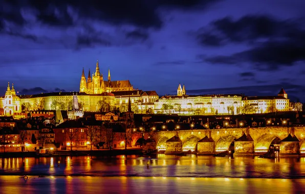 Ночь, огни, река, Прага, Чехия, холм, собор, Карлов мост