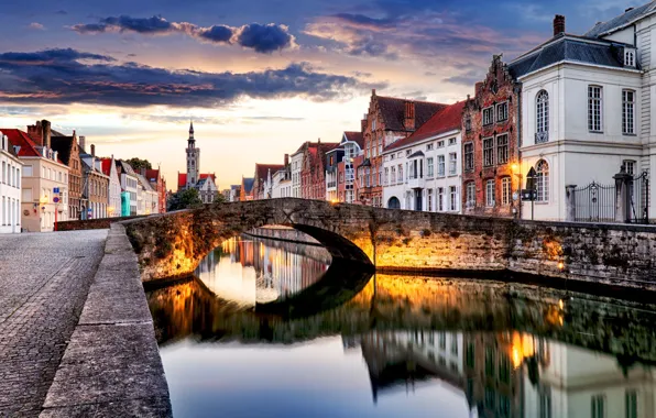 Город, река, вечер, Бельгия, улицы, Belgium, Брюгге, Bruges