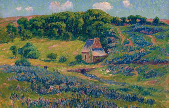 Пейзаж, дом, холмы, картина, Farm in Brittany, Henri Moret