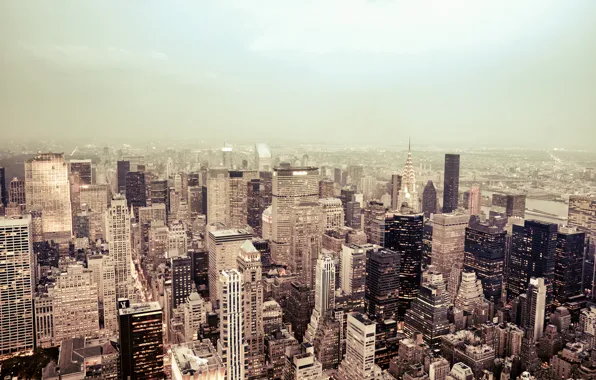Картинка город, огни, туман, здания, Нью-Йорк, небоскребы, крыши, USA