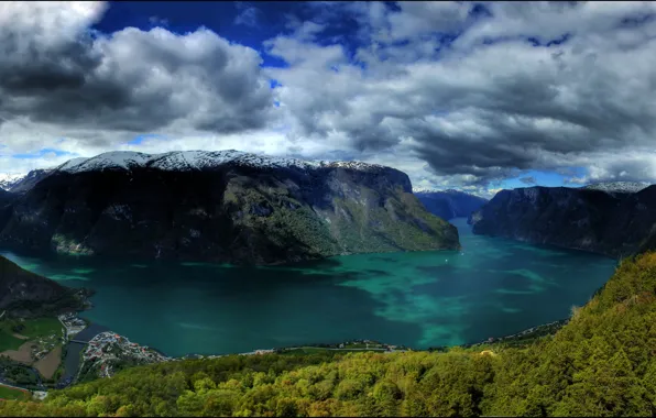 Картинка лес, облака, снег, тучи, природа, озеро, Норвегия, Norway