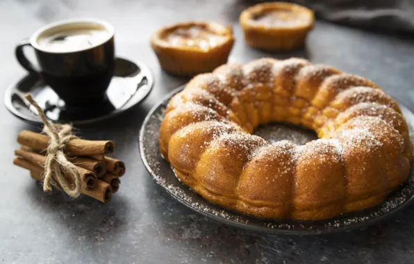 Кофе, пирог, чашка, выпечка, тесто, пудра, bake, рорица