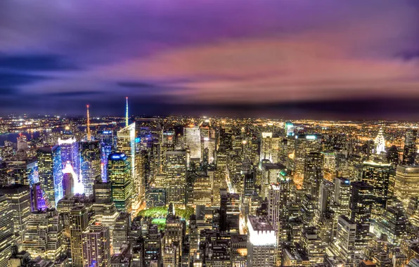 Картинка закат, огни, Нью-Йорк, небоскребы, сумерки