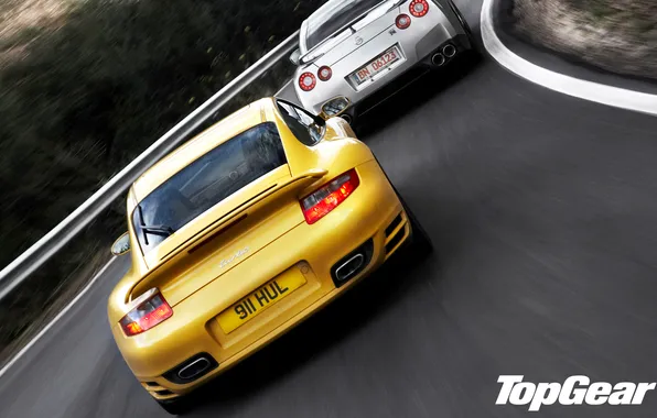 Дорога, желтый, 911, Porsche, серебристый, вираж, nissan, GTR