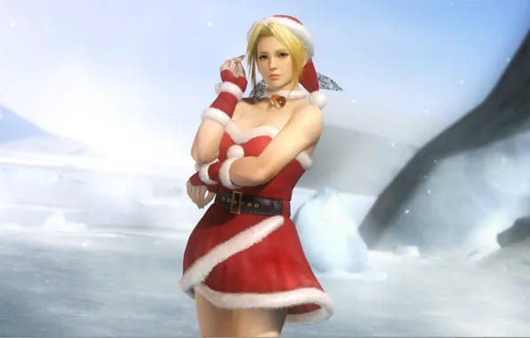 Снег, шапка, блондинка, декольте, колокольчик, cosplay, Dead or Alive, бомбошки