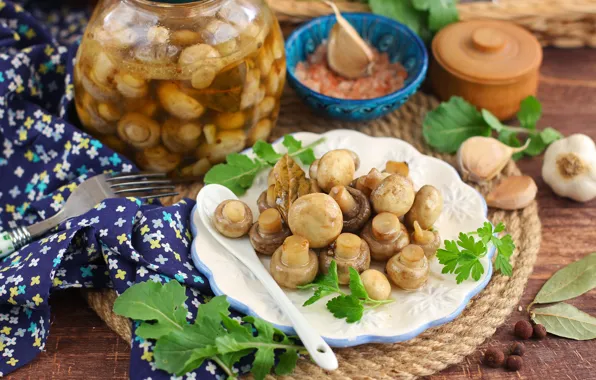 Грибы, специи, шампиньоны, маринованные