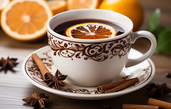 Стол, чай, доски, апельсины, долька, кружка, чашка, корица