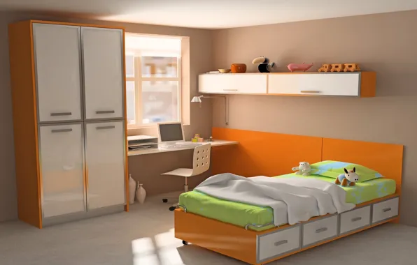 Картинка компьютер, оранжевый, дизайн, стиль, стол, комната, игрушки, кровать