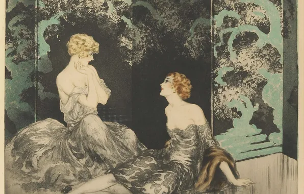Картинка 1928, Louis Icart, Близость, блондинка и рыжая