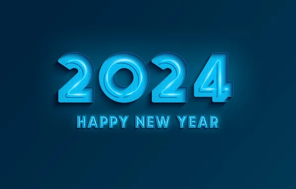 Надпись, голубые, цифры, Новый год, синий фон, дата, 2024, Новый 2024 год