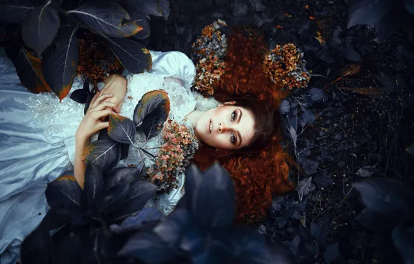 Листья, девушка, отдых, платье, локоны, кареглазая, Ronny Garcia, My own grave