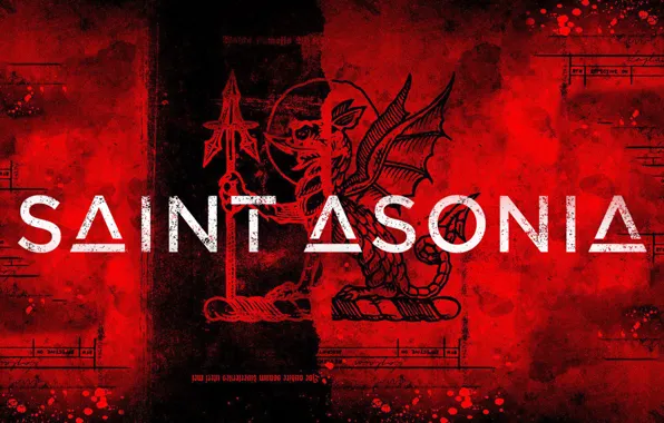 Red, white letters, Saint Asonia