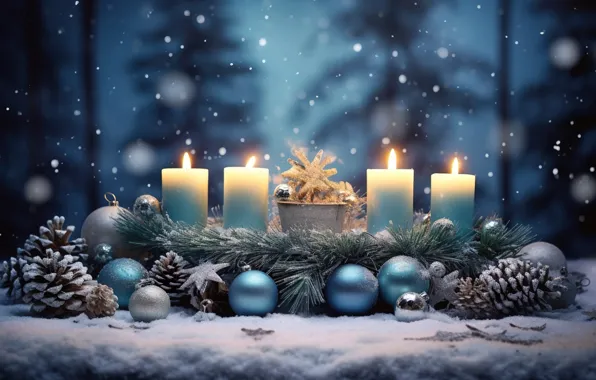 Зима, снег, украшения, ночь, шары, елки, свечи, Новый Год