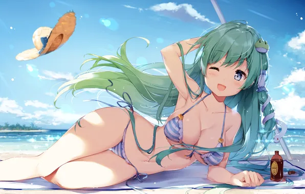 Картинка girl, sexy, beach, long hair, sea, boobs, anime, beautiful