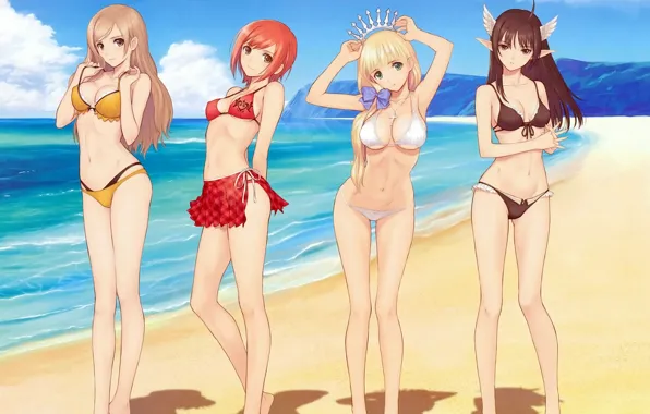 Girl, sexy, cleavage, beach, long hair, sea, boobs, anime