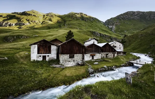 Картинка горы, река, домик