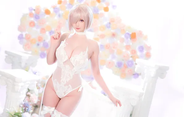 Lingerie, Asian, bodysuit, anime, stockings, flowers, model, women