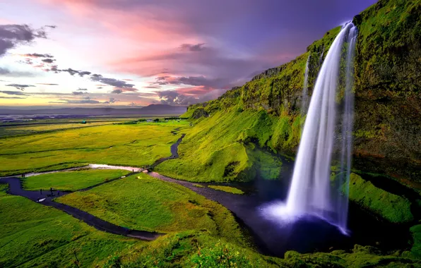 Зелень, скалы, водопад, Исландия, Seljalandsfoss