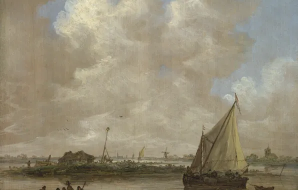 Пейзаж, картина, парус, Jan van Goyen, Ян ван Гойен, Речной вид с хижиной на острове