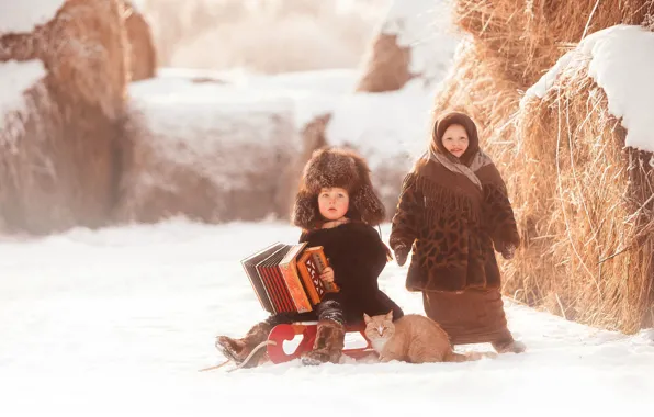 Картинка зима, кот, снег, шапка, мальчик, деревня, сено, девочка