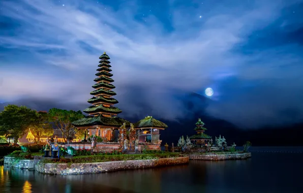 Пейзаж, ночь, озеро, луна, Бали, Индонезия, храм, Пура Улун Дану