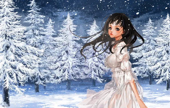 Картинка зима, девушка, снег, природа, елки, аниме, арт, пар