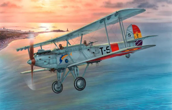 Картинка самолет, война, арт, художник, бомбардировщик, одномоторный, биплан, Испании