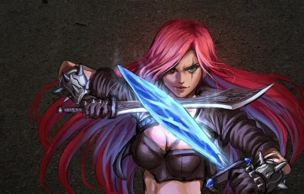 Взгляд, оружие, lol, League of Legends, Katarina, красные волосы
