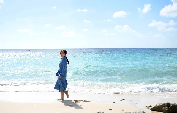 Beautiful, Asian, Model, Coast, Water, Sand, Woman, Ocean