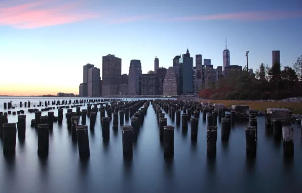 USA, skyline, trees, Sunset, water, New York, Manhattan, NYC
