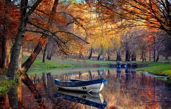 Картинка деревья, пруд, парк, лодка