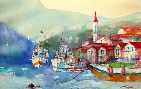 Картинка painting, boat, akvarel