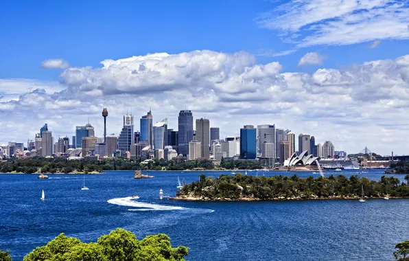 Картинка пейзаж, река, здания, лодки, Австралия, Сидней, катера, набережная