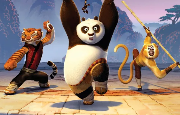 Мультфильм, обезьяна, тигрица, Kung Fu Panda, кунг-фу панда, воин дракона