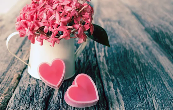 Цветы, стол, сердца, сердечки, розовые