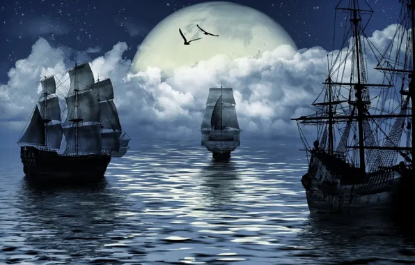 Море, фантазия, луна, корабль, moon, fantasy, sea, ship