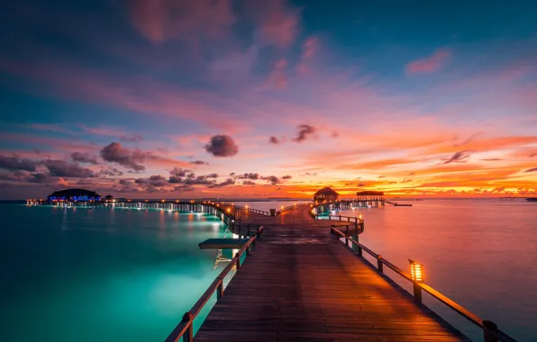 Закат, мост, океан, Мальдивы, Индийский океан