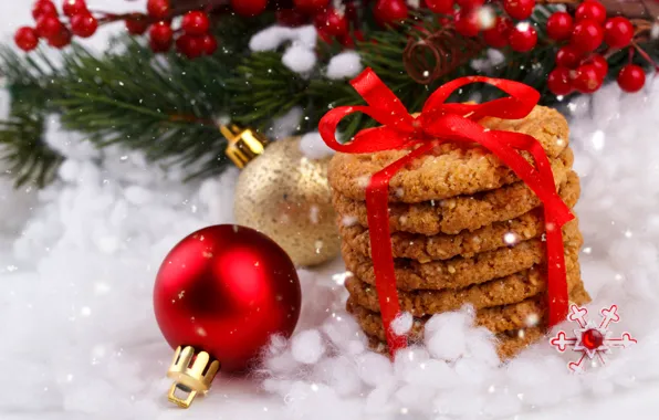 Снег, украшения, Новый Год, печенье, Рождество, Christmas, wood, snow