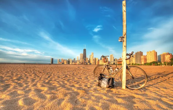 Картинка песок, пляж, велосипед, фото, города, столб