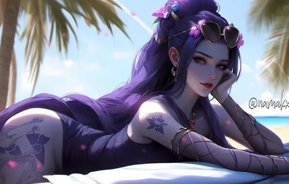 Beach, anime, purple hair, Overwatch, Widowmaker