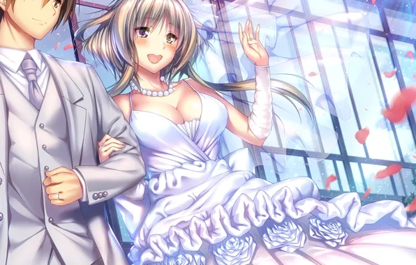 Лепестки, декольте, бусы, румянец, фата, art, свадебное платье, visual novel