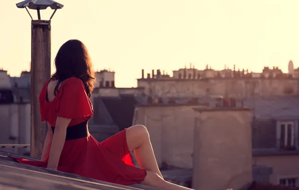 Крыша, девушка, город, красное, платье