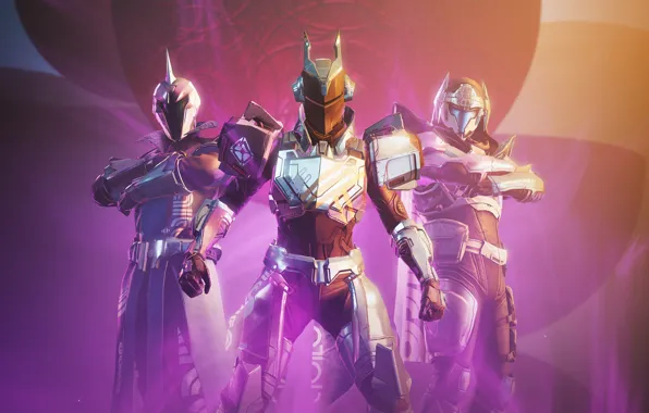 Оружие, фон, игра, солдаты, броня, трое, розовый свет, Destiny 2